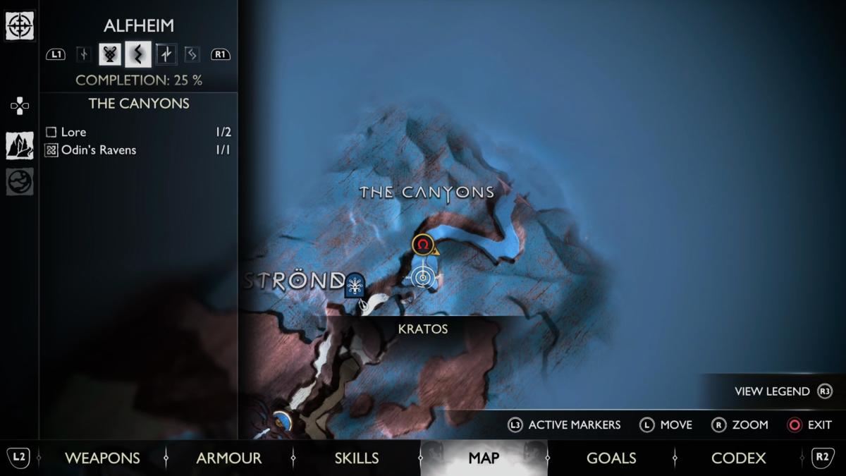 A map view of the raven in The Canyons in God of War Ragnarok.